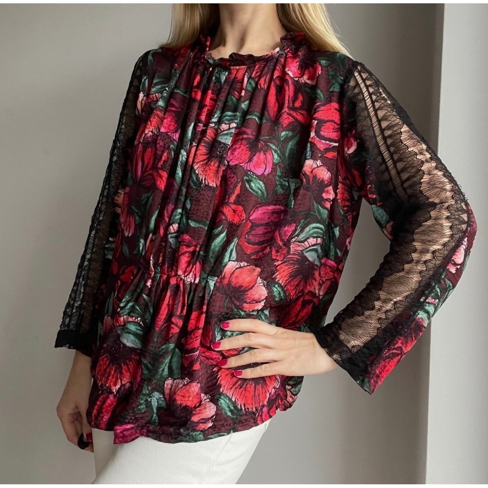 Sandro Paris Red Floral Mock Neck Blouse Black Lace Sleeves Silk Blend sz 1
